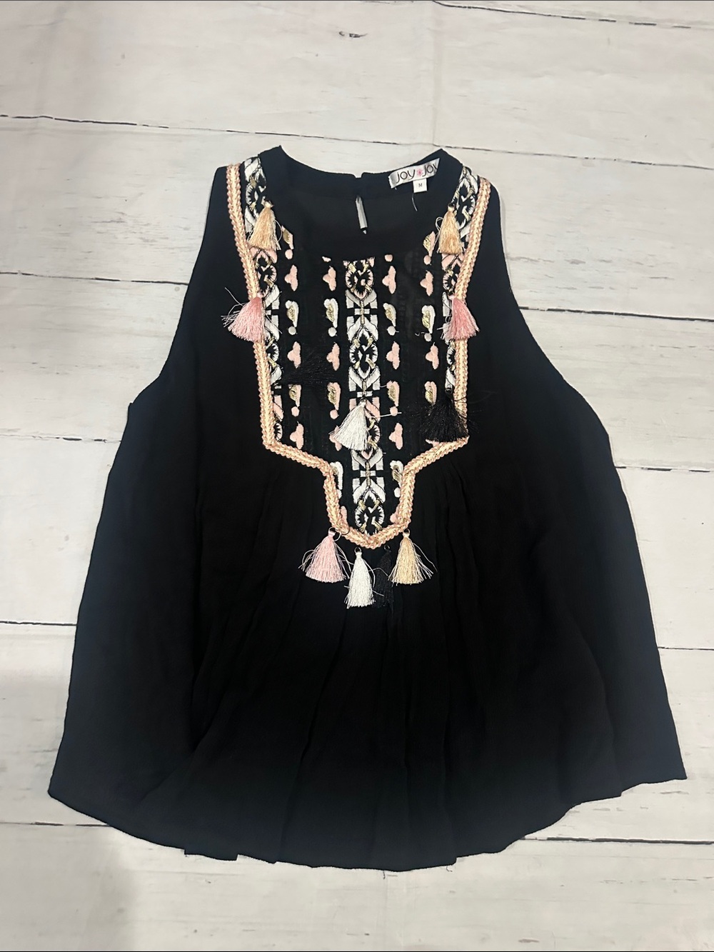 Joy Joy Black Embroidered Tassel Camisole size medium